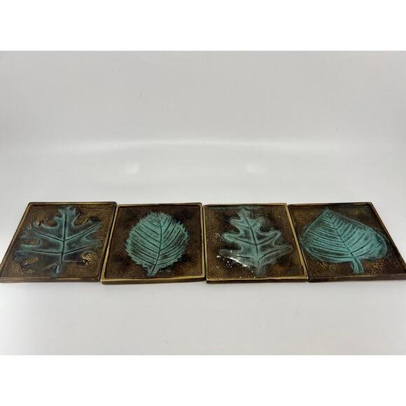 Vintage Heavy Set of 4 Coasters Metal Leaves Gold and Teal Blue - Picture 1 of 6